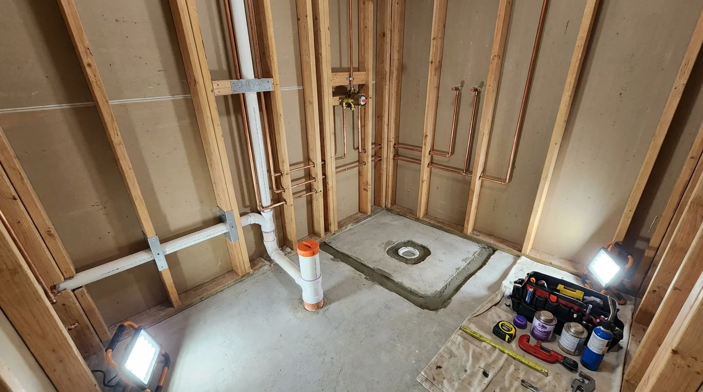 Bathroom rough-in plumbing during remodel by Johns Plumbing LLC in Herald