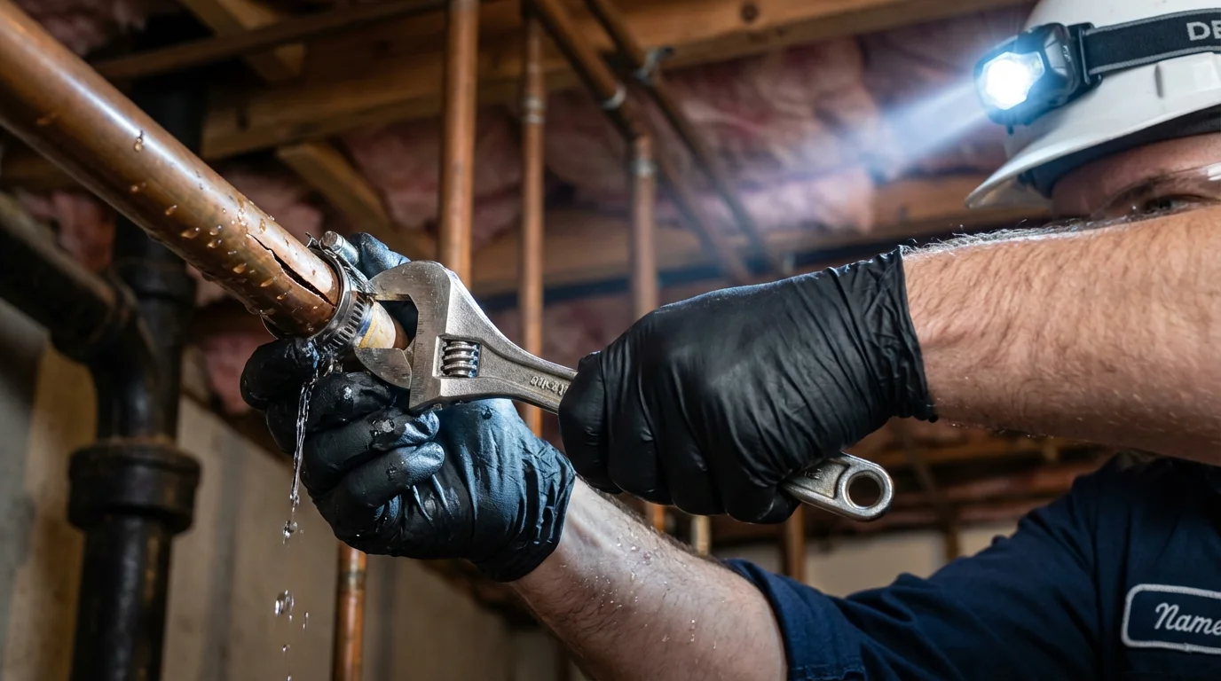 Emergency pipe clamp repair being performed by a Johns Plumbing LLC plumber in Herald