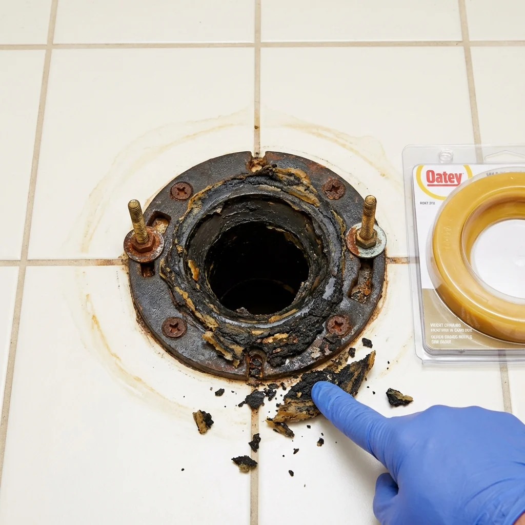 Failed wax ring showing water seepage at the base of a toilet in a Herald, CA home