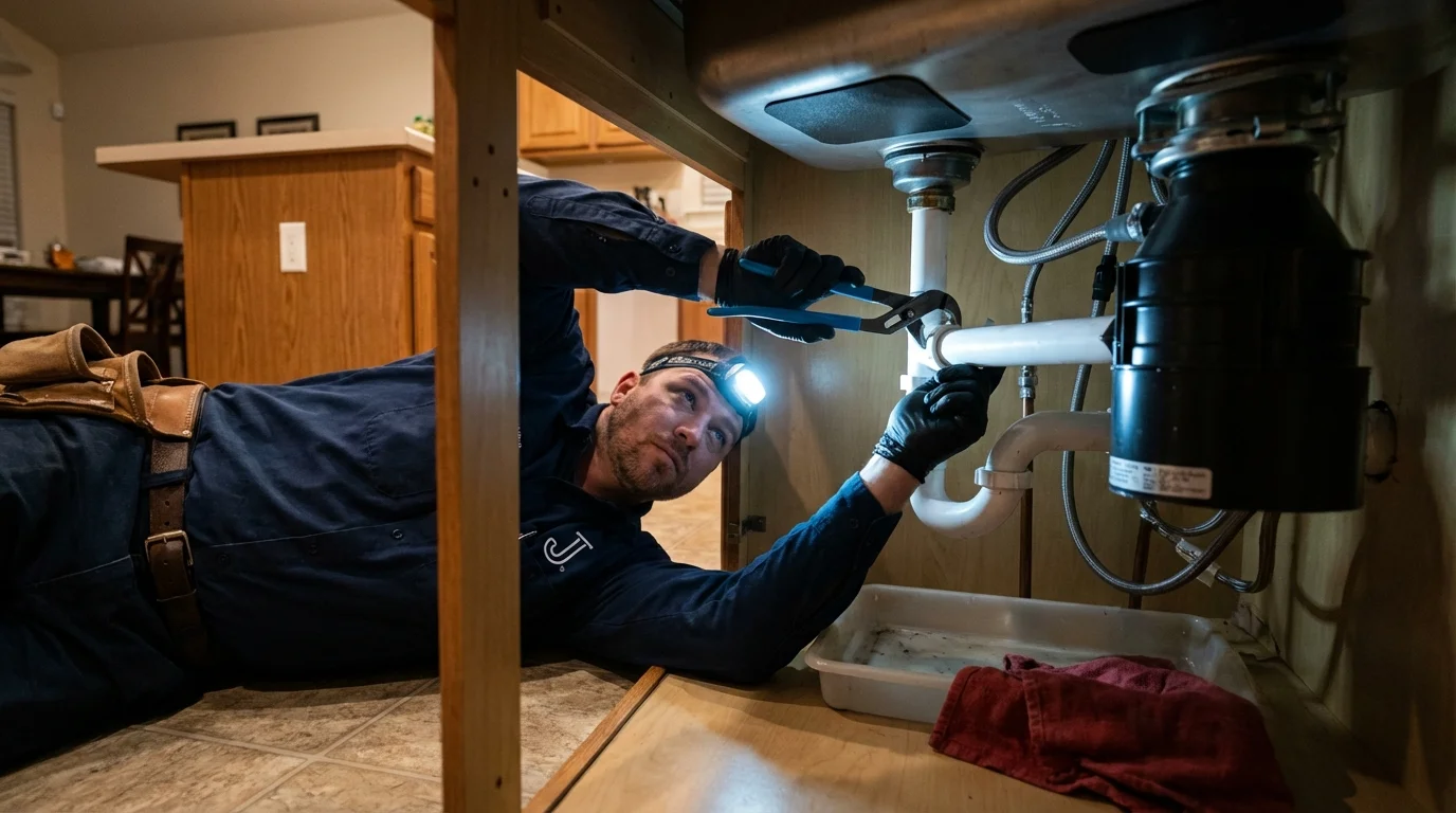 P-trap and supply line connections under a kitchen sink showing a common leak point in Herald, CA